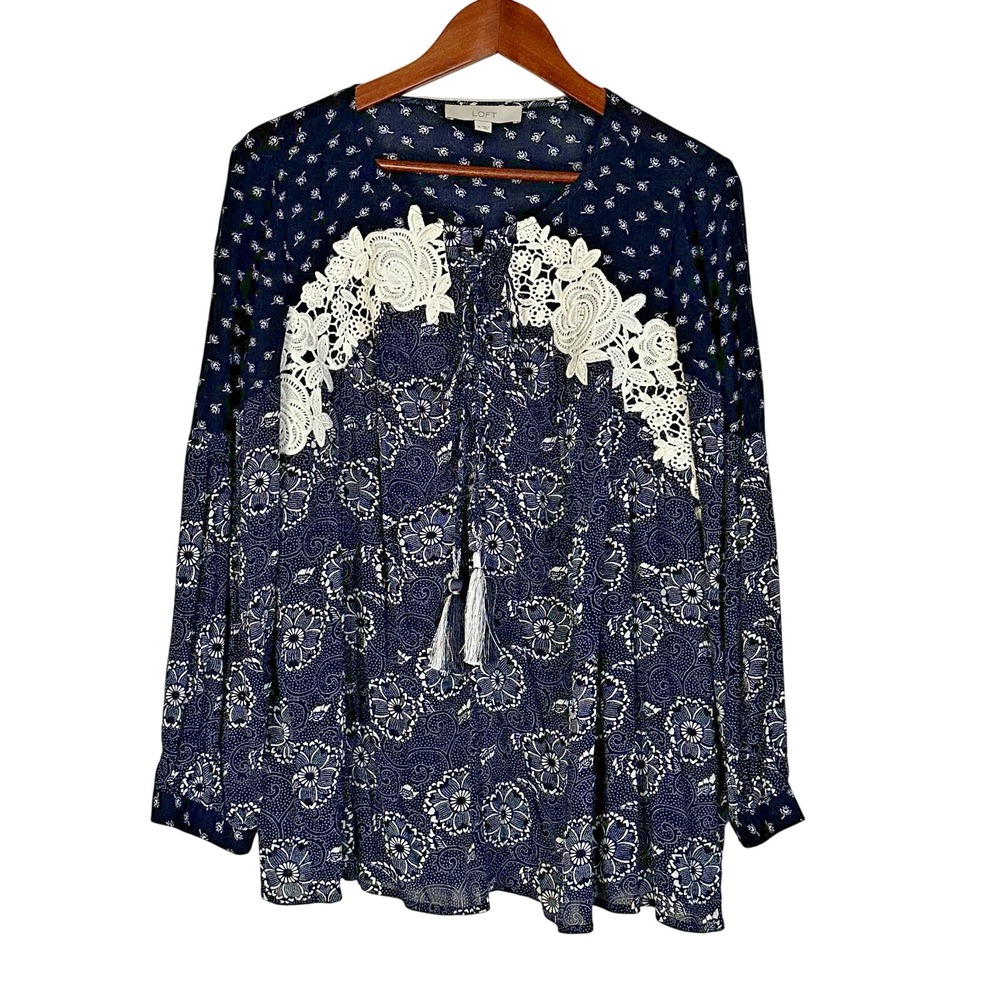 Ann Taylor Loft Women Tops Medium Floral Print Lace Tassel‎ Peasant Black Blouse